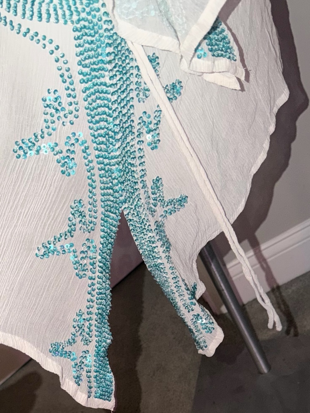 Calypso St. Barth 100% Silk White & Turquoise Sequined Beach Cover-Up Tunic - Picture 11 of 15